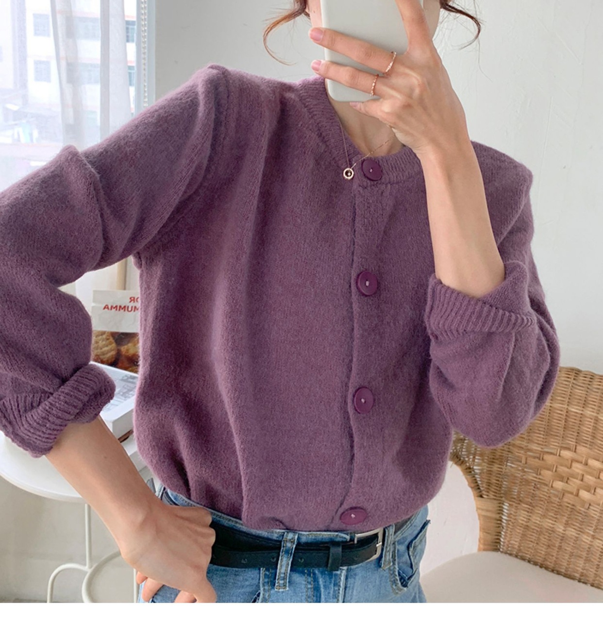 レディースカーディガン ショート丈 ボタン付き長袖ニット羽織カーディガン 