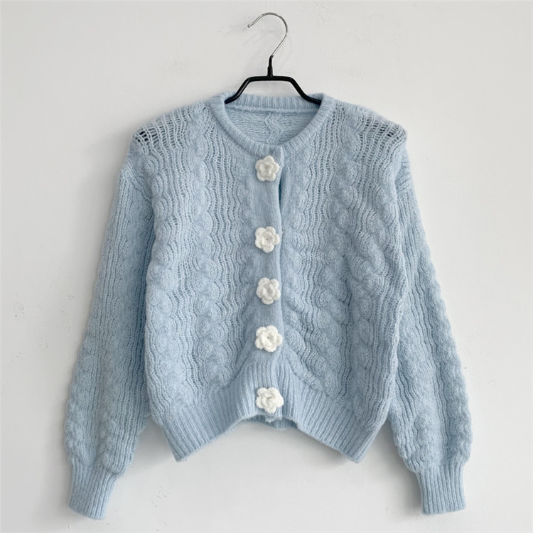 レディースカーディガン 花ボタン ショート丈 ニット カーディガン 秋冬 