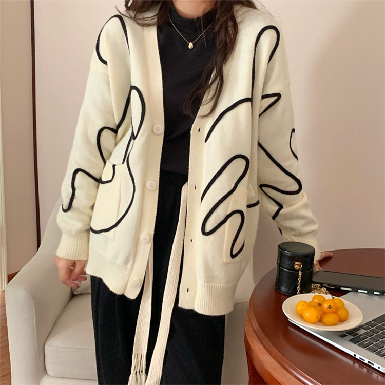 レディースカーディガン 秋冬ゆったりミドル丈ニットカーディガン長袖　デザインカーディガン