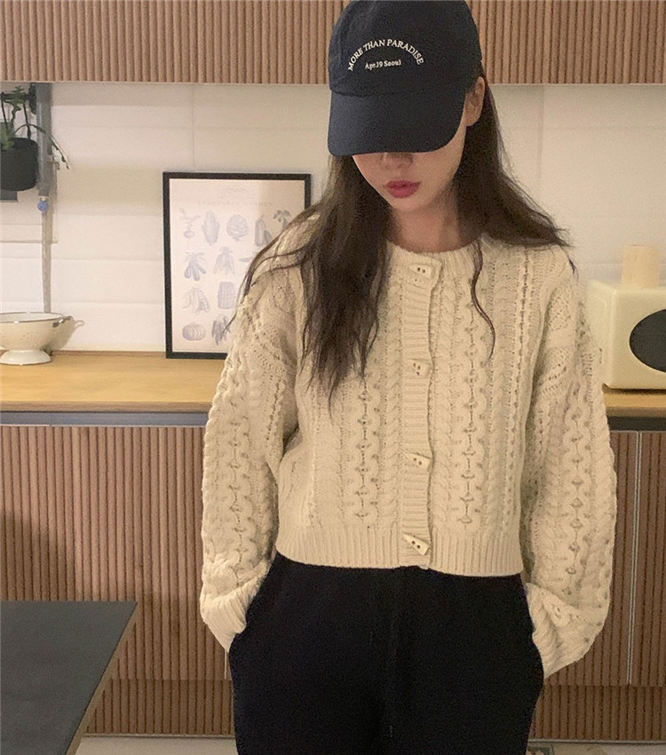 レディースカーディガン 麻の花模様 ショート丈 ケーブル編みカーディガン