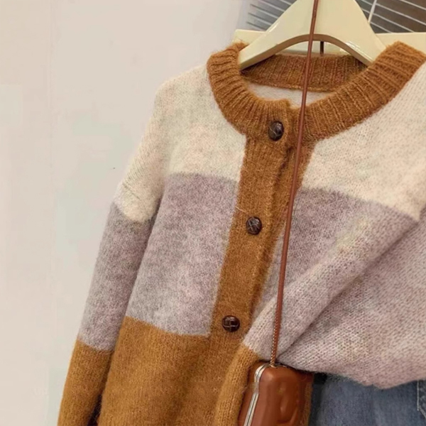 レディースカーディガン ショート丈 配色ニットカーディガン 丸襟 
