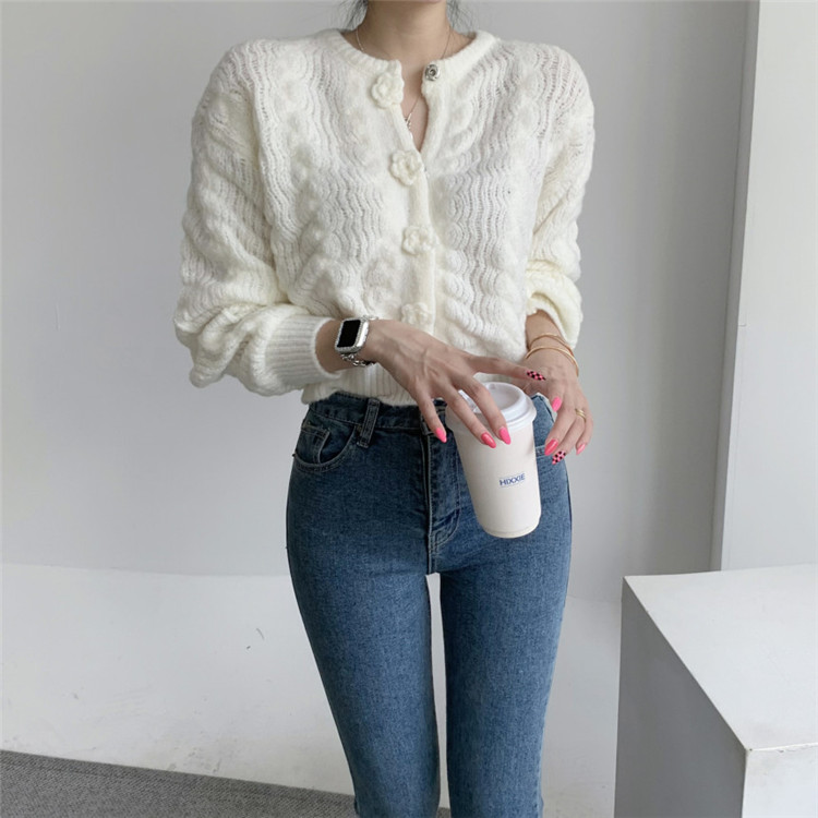 レディースカーディガン 花ボタン ショート丈 ニット カーディガン 秋冬 