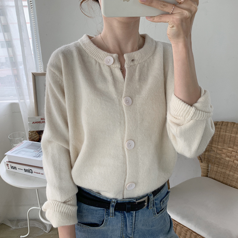 レディースカーディガン ショート丈 ボタン付き長袖ニット羽織カーディガン 