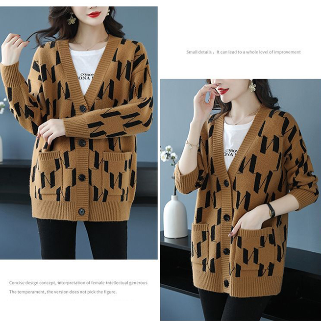 レディースカーディガン ミドル丈 モノグラム柄 ブイネック カーディガン 羽織り