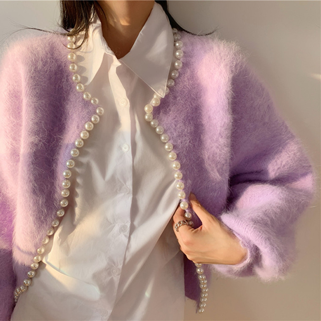 レディースカーディガン ミドル丈 パール付きシャギーニットカーディガン