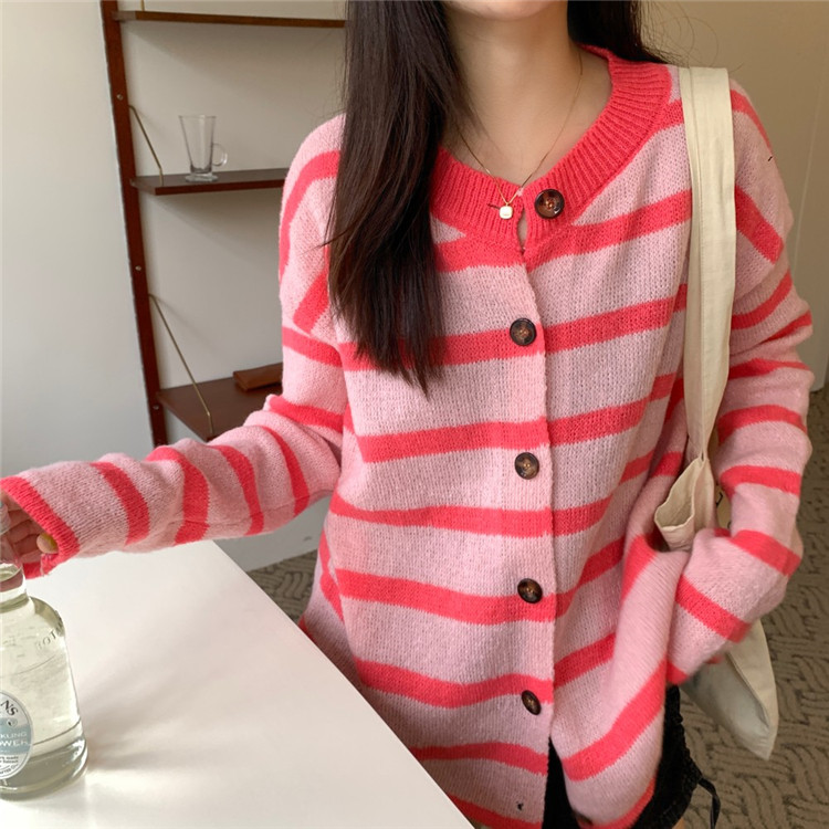 レディースカーディガン おしゃれ ボーダー柄 ミドル丈 ニットカーディガン