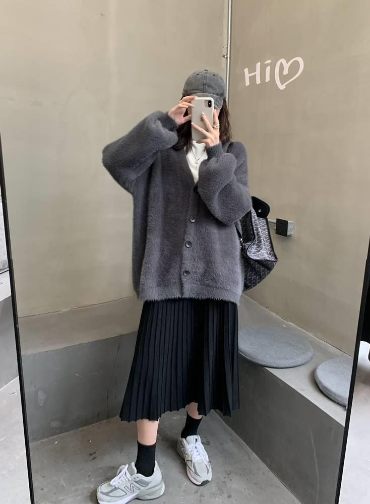 レディースカーディガン ロング丈シャギーニットカーディガン ゆったり体型カバー