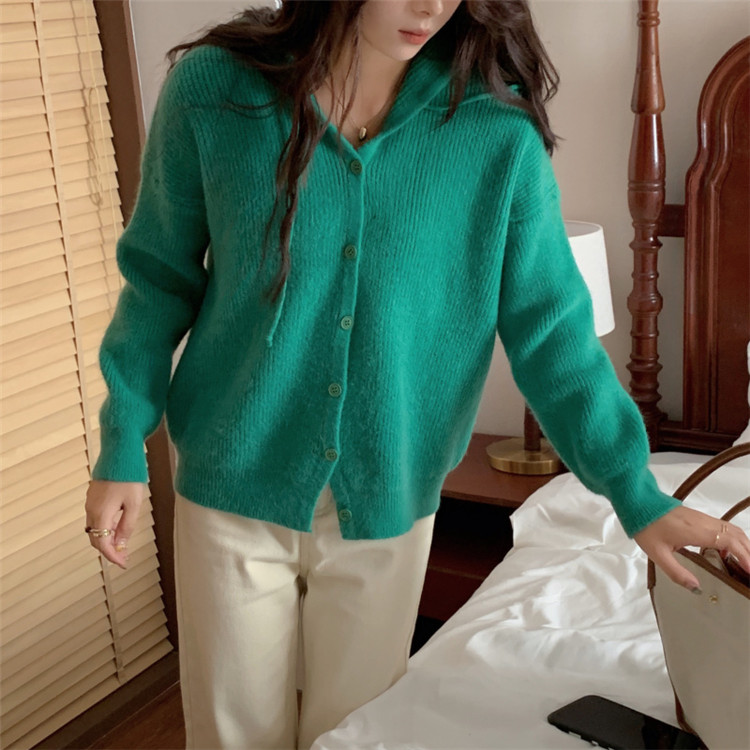 レディースカーディガン ショート丈フード付きニットカーディガン リブ編み純色