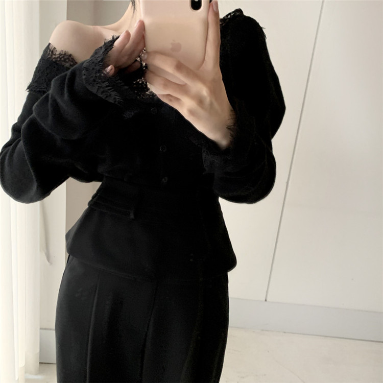 レディースカーディガン レース襟ショート丈ニットカーディガン 長袖 可愛い系