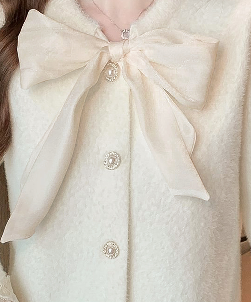 レディースカーディガン 大きめリボンタイ ショート丈 シャギーニット カーディガン