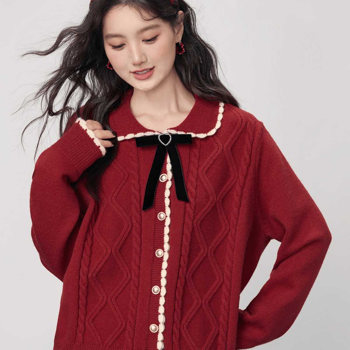 レディースカーディガン リボン付きケーブル編みカーディガン