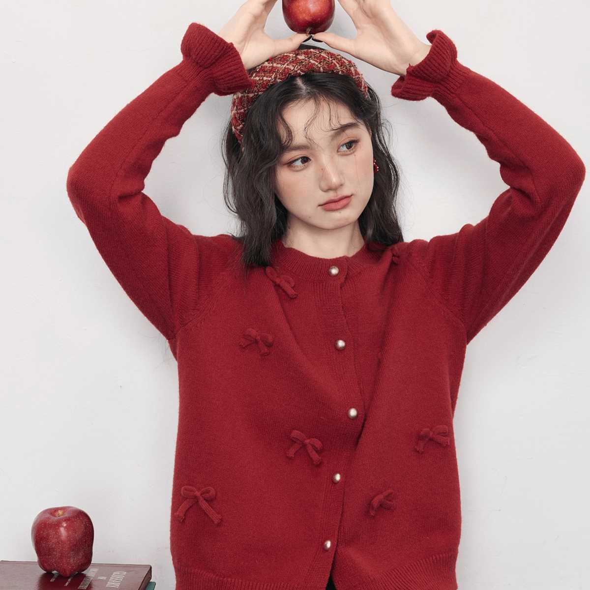 レディースカーディガン 小さなリボンがキュートなガーリーカーディガン