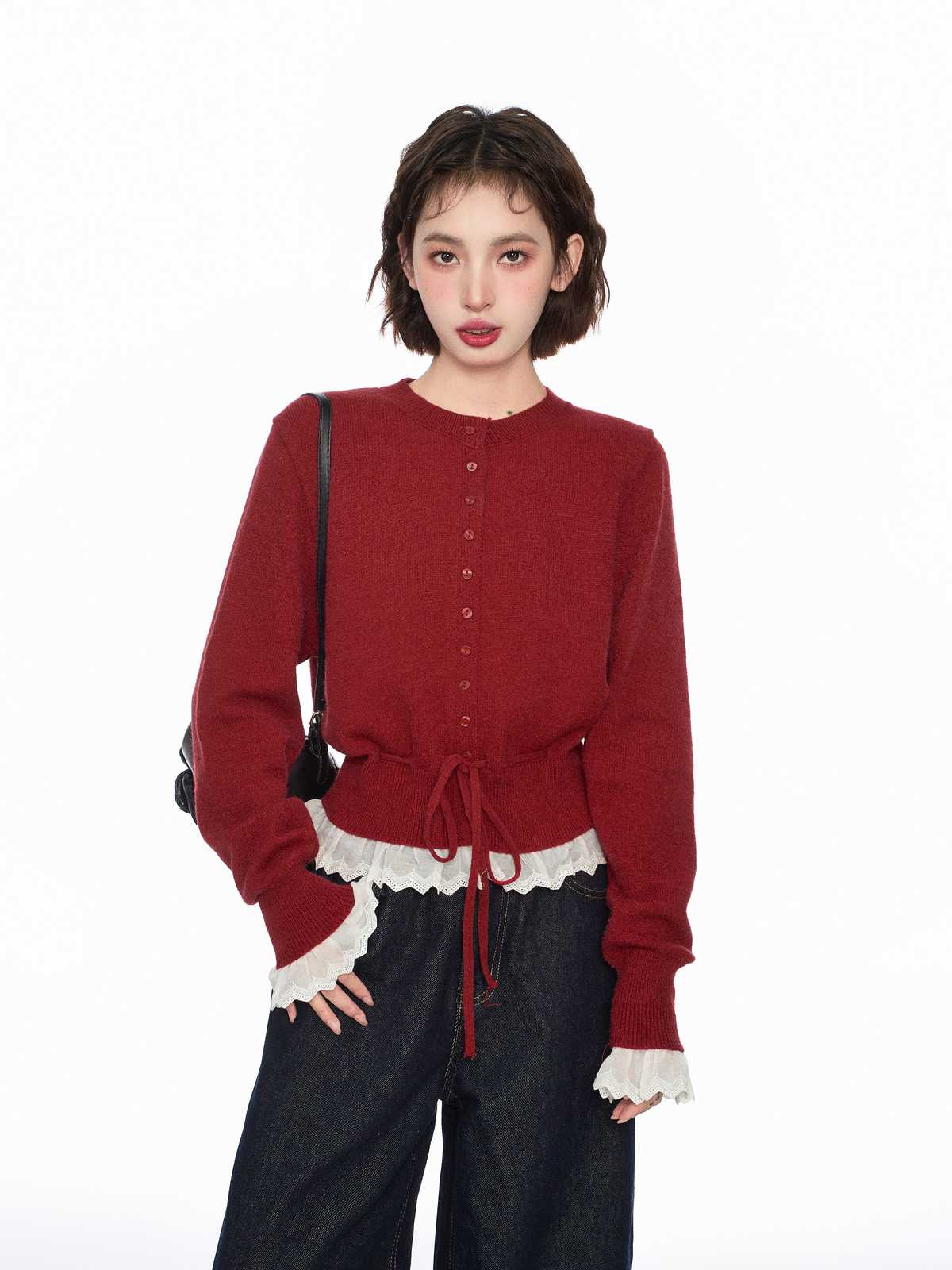 レディースカーディガン フリルカフス ドロスト リボンカーディガン