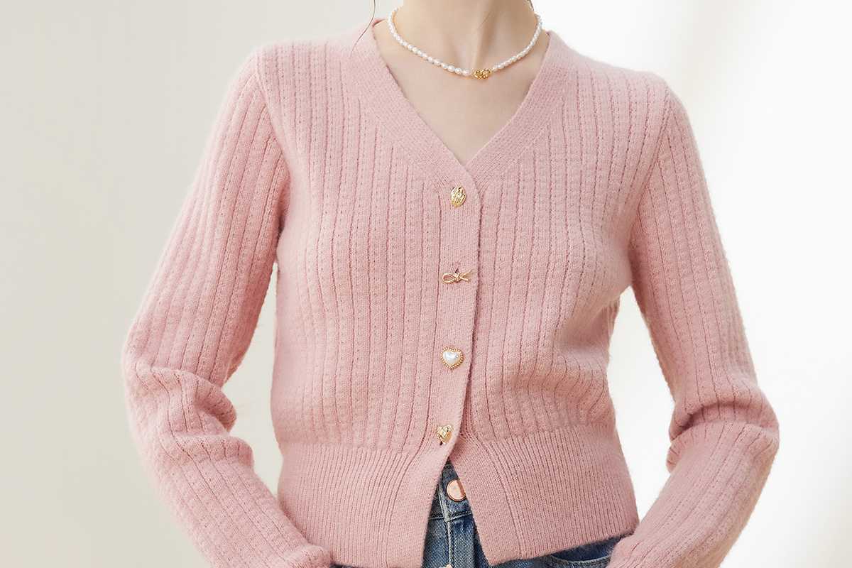 レディースカーディガン 優美な縦リブ心形ボタンカーディガン