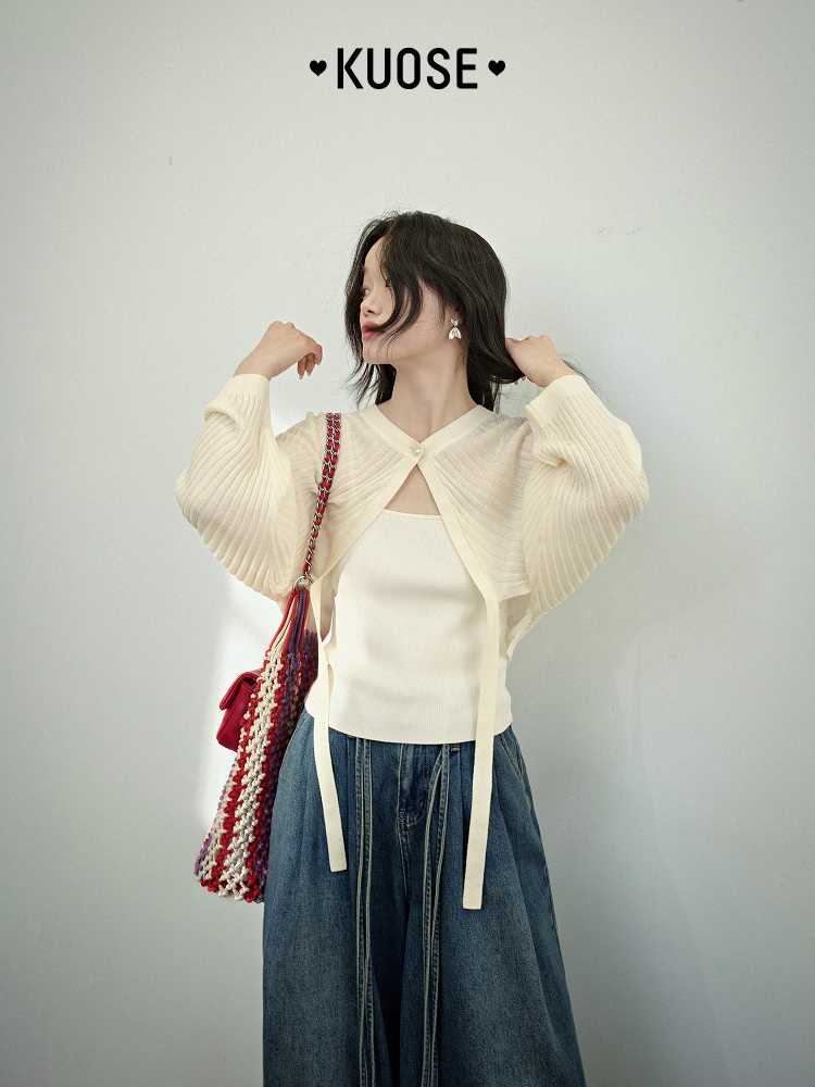 レディースカーディガン リボン結びショートカーディガン