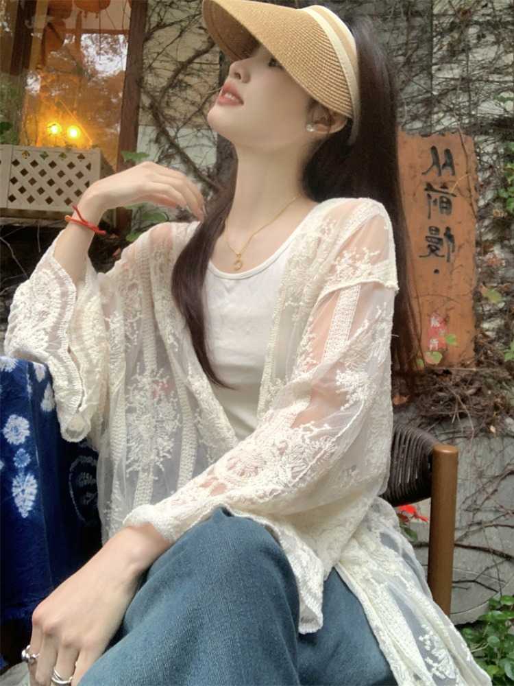 レディースカーディガン 花刺繍レース透かし羽織カーディガン