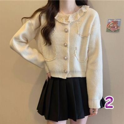 レディースカーディガン ショート丈 長袖ニットカーディガン レース襟
