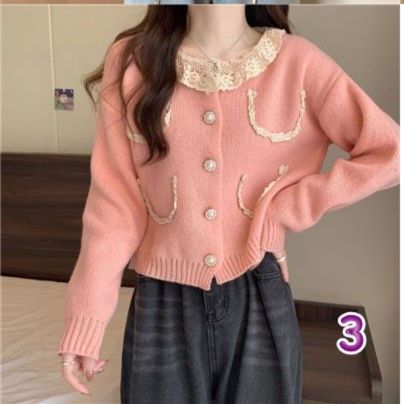 レディースカーディガン ショート丈 長袖ニットカーディガン レース襟