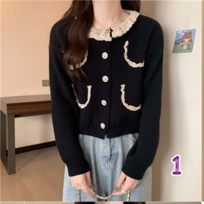 レディースカーディガン ショート丈 長袖ニットカーディガン レース襟