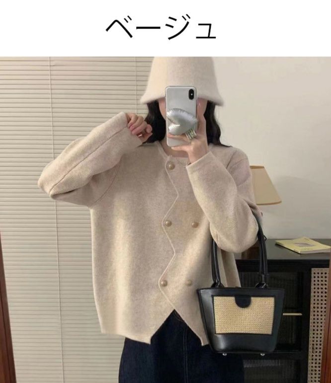 レディースカーディガン ショート丈ニット羽織り ダブルボタンカーディガン　丸首前開き