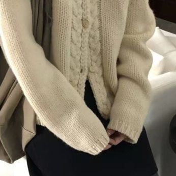 レディースカーディガン フランス風デザイン 上品ケーブル編み ショート丈 ニットカーディガン