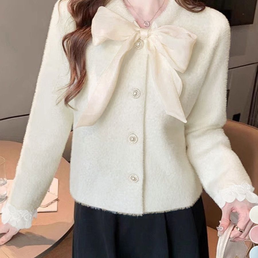 レディースカーディガン 大きめリボンタイ ショート丈 シャギーニット カーディガン