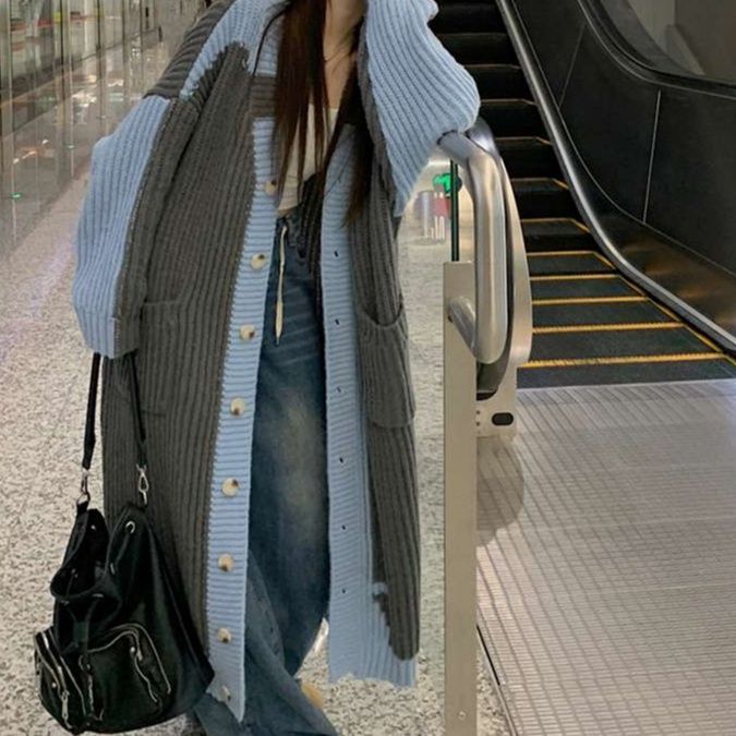 レディースカーディガン ストライプ柄ニットロングカーディガン