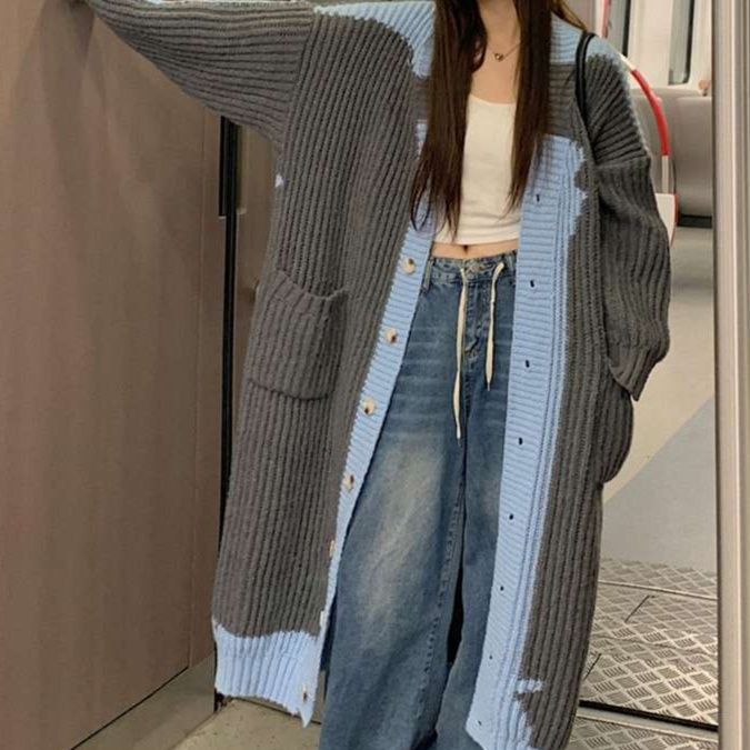 レディースカーディガン ストライプ柄ニットロングカーディガン