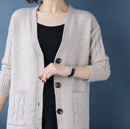 レディースカーディガン 上品なケーブル編みミドル丈カーディガン