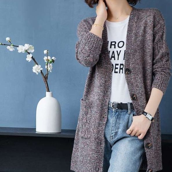 レディースカーディガン 上品なケーブル編みミドル丈カーディガン