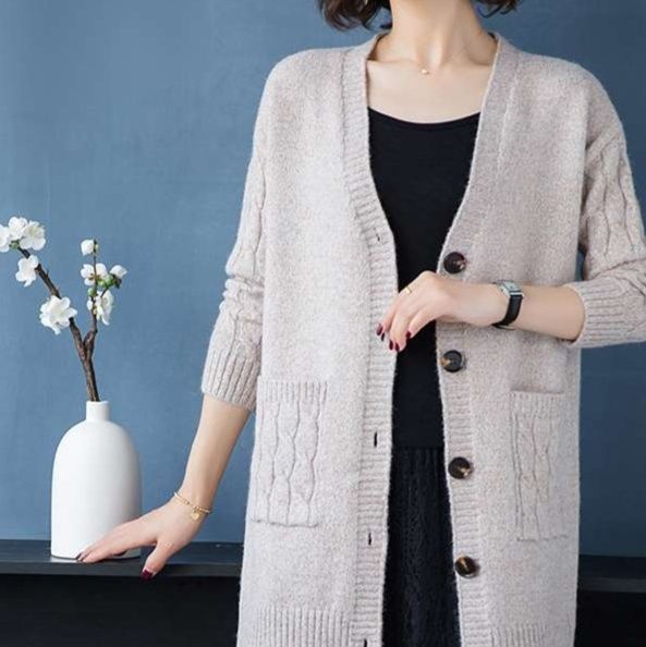 レディースカーディガン 上品なケーブル編みミドル丈カーディガン