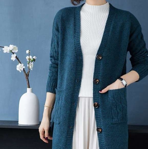 レディースカーディガン 上品なケーブル編みミドル丈カーディガン