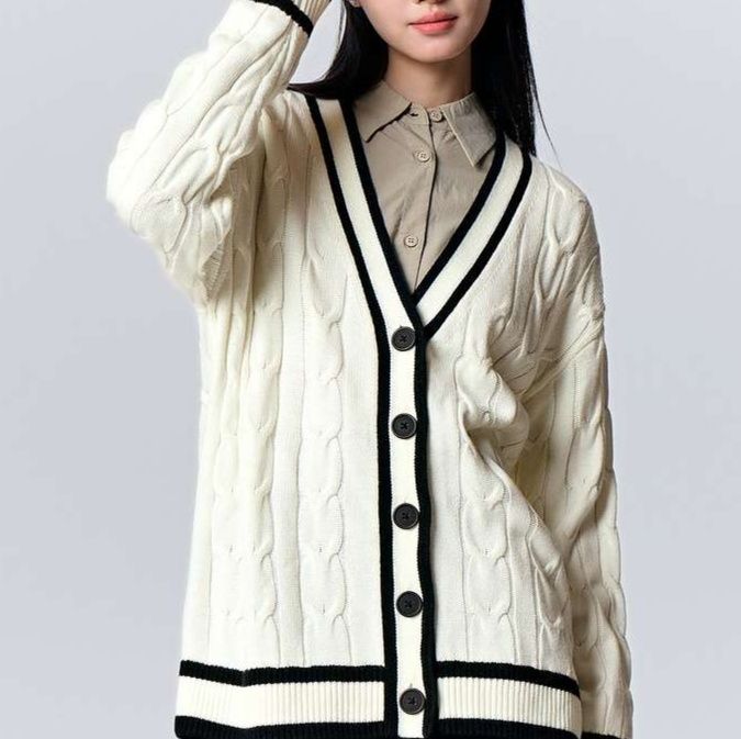 レディースカーディガン クラシカルVネックミドル丈カーディガン