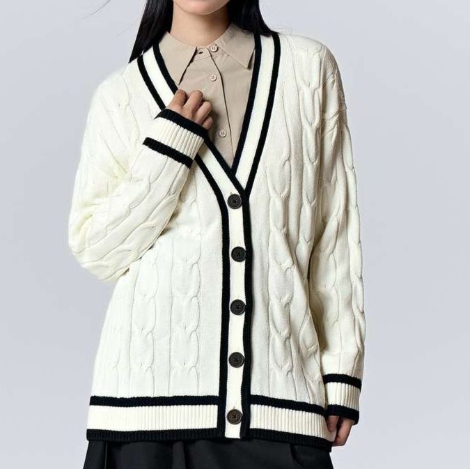 レディースカーディガン クラシカルVネックミドル丈カーディガン