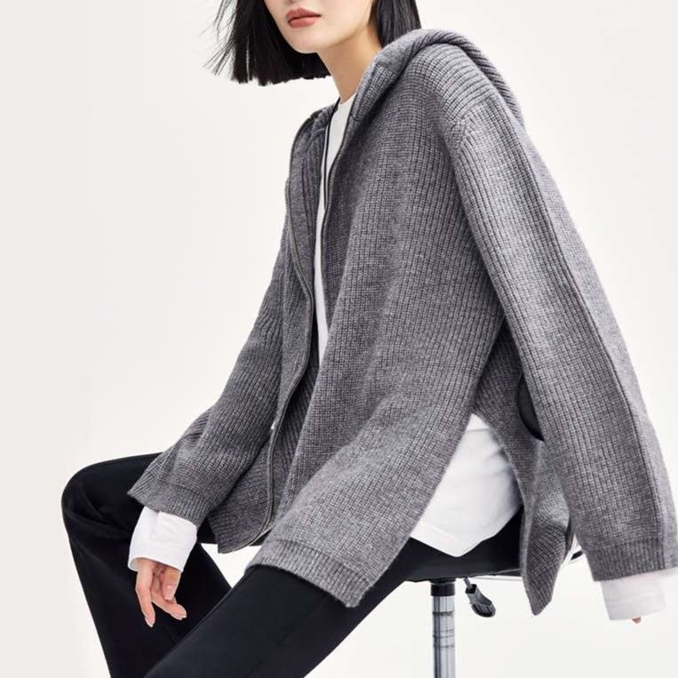 レディースカーディガン リブ編みゆったりフード付きカーディガン　ミドル丈カーディガン