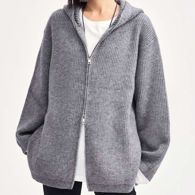 レディースカーディガン リブ編みゆったりフード付きカーディガン　ミドル丈カーディガン