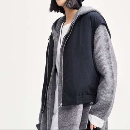 レディースカーディガン リブ編みゆったりフード付きカーディガン　ミドル丈カーディガン