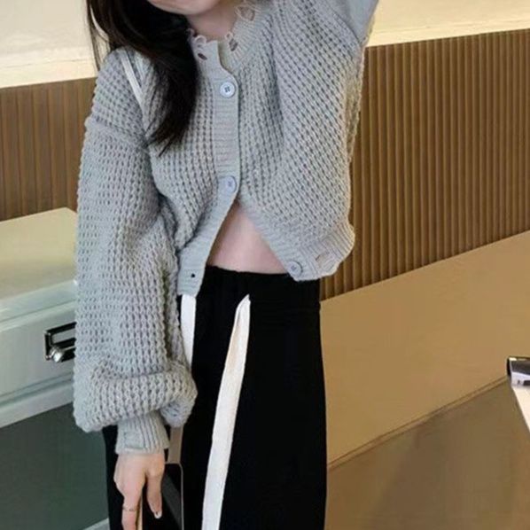 レディースカーディガン ショート丈ニットカーディガン ボリューム袖 体型カバー 厚手