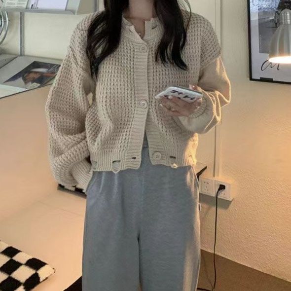 レディースカーディガン ショート丈ニットカーディガン ボリューム袖 体型カバー 厚手