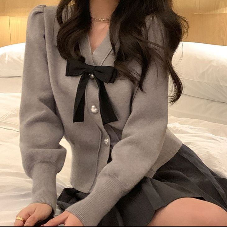 レディースカーディガン ショート丈 長袖ニットカーディガン リボン付き ブイ襟 