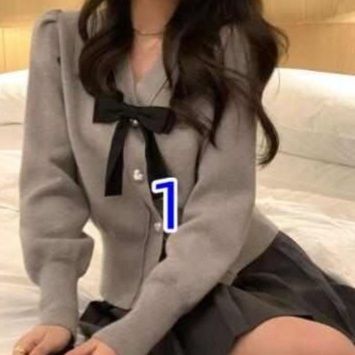 レディースカーディガン ショート丈 長袖ニットカーディガン リボン付き ブイ襟 