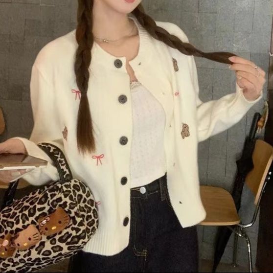 レディースカーディガン ショート丈 刺繍ニットカーディガン長袖 