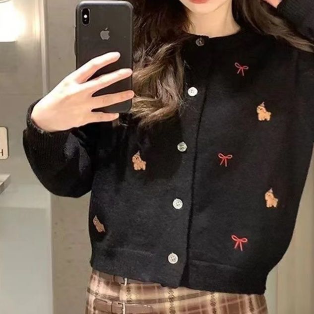 レディースカーディガン ショート丈 刺繍ニットカーディガン長袖 