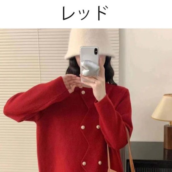 レディースカーディガン ショート丈ニット羽織り ダブルボタンカーディガン　丸首前開き