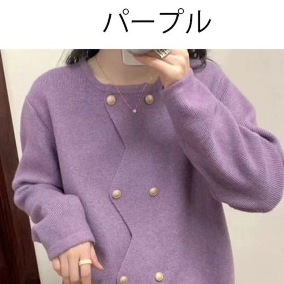 レディースカーディガン ショート丈ニット羽織り ダブルボタンカーディガン　丸首前開き