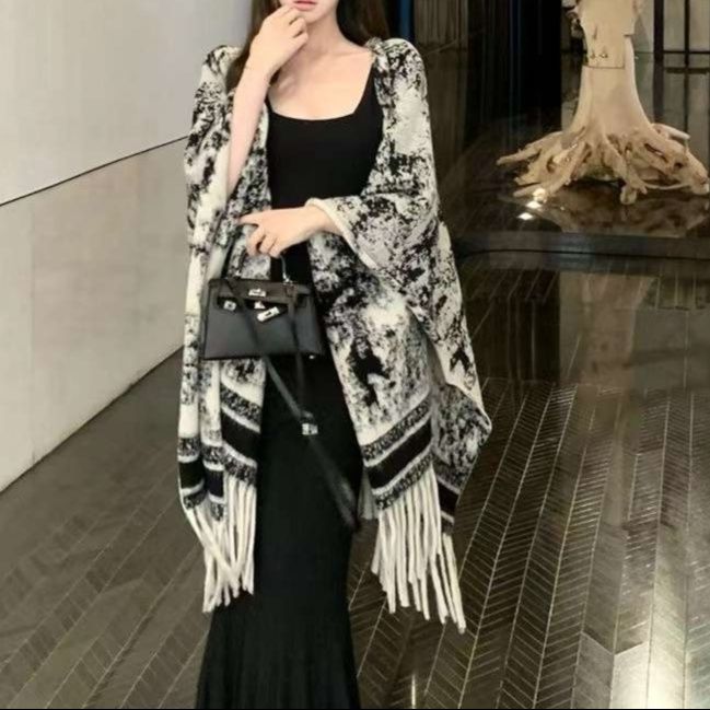 レディースカーディガン エレガントフリンジショール　ロング丈