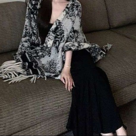 レディースカーディガン エレガントフリンジショール　ロング丈