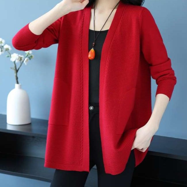 レディースカーディガン シンプル リブ編み ミドル丈カーディガン