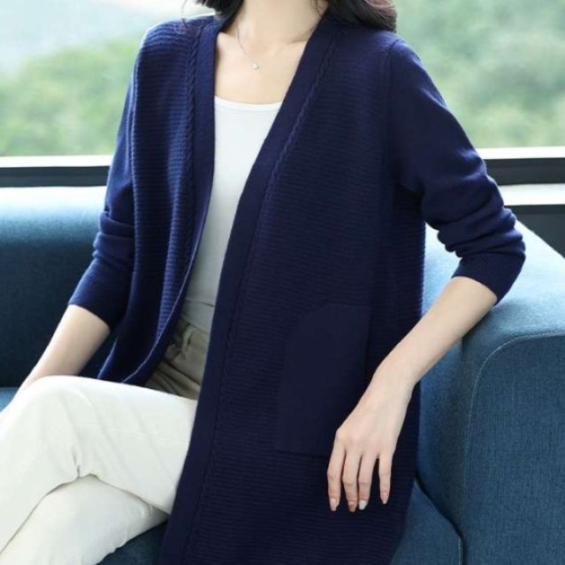 レディースカーディガン シンプル リブ編み ミドル丈カーディガン