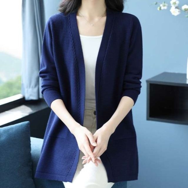 レディースカーディガン シンプル リブ編み ミドル丈カーディガン